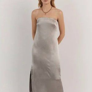DISSH MIA PEWTER STRAPLESS SATIN DRESS